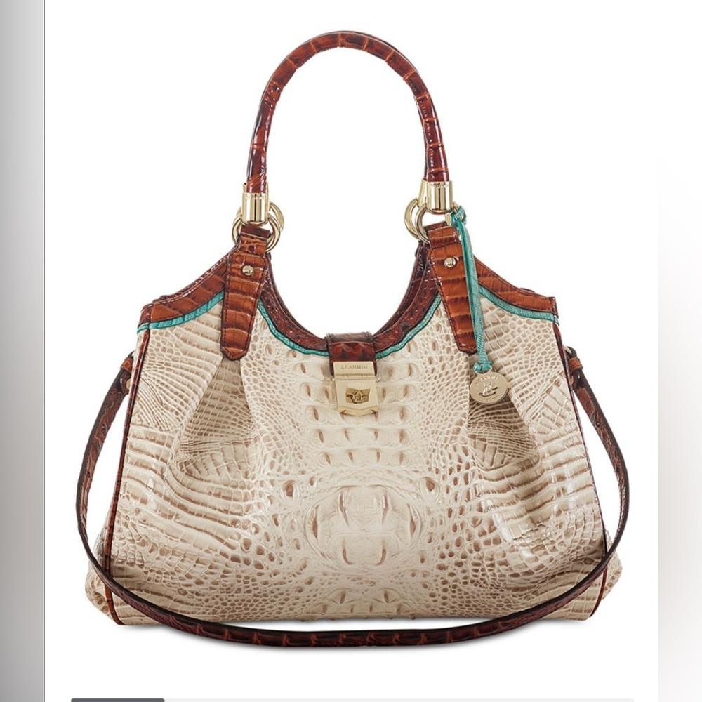 NEW Brahmin Elisa Vanilla and Brown Macaw Embossed Leather Hobo Handbag